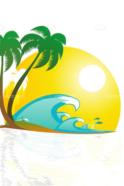 Tropical Beach Scene with Sun, Sea Waves and Palm Trees